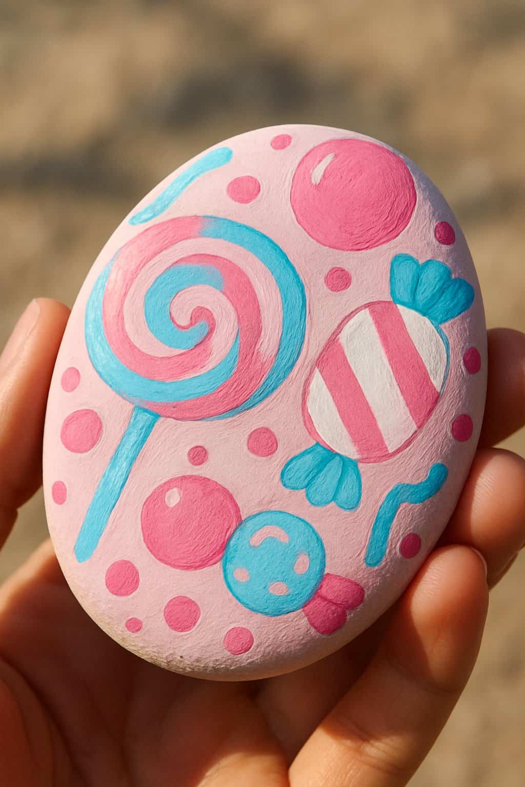 A hand holding a smooth river rock painted with colorful candy-inspired designs.
