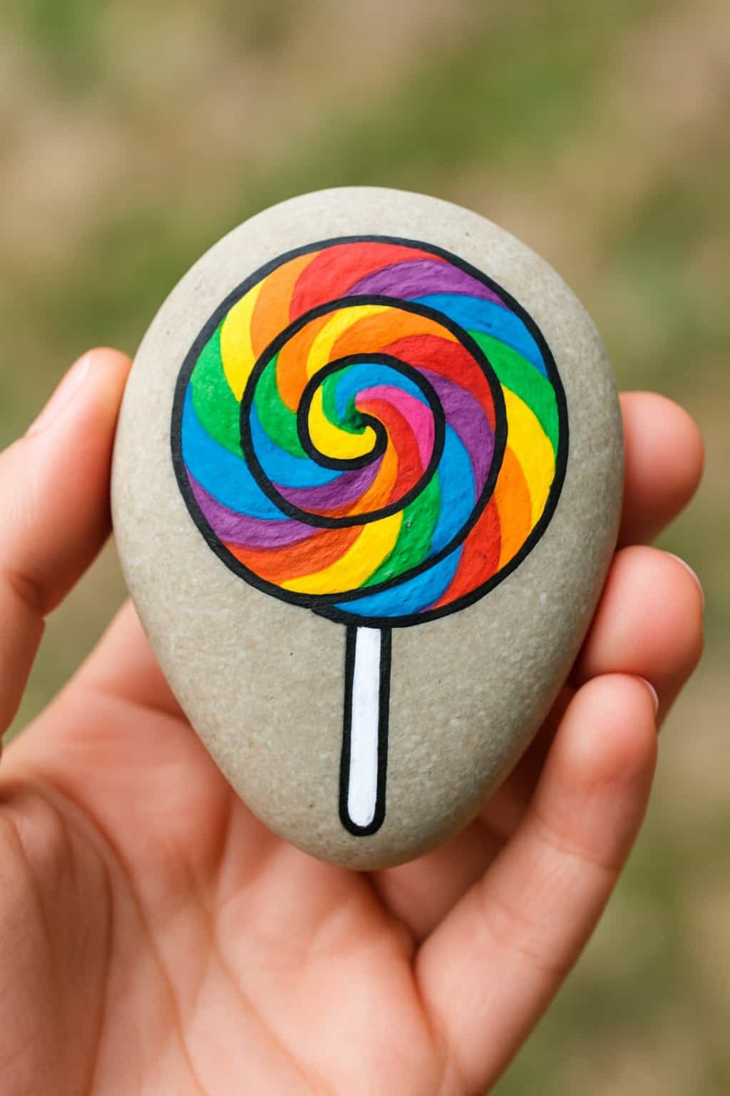 A hand holding a smooth river rock painted with a colorful rainbow lollipop design.