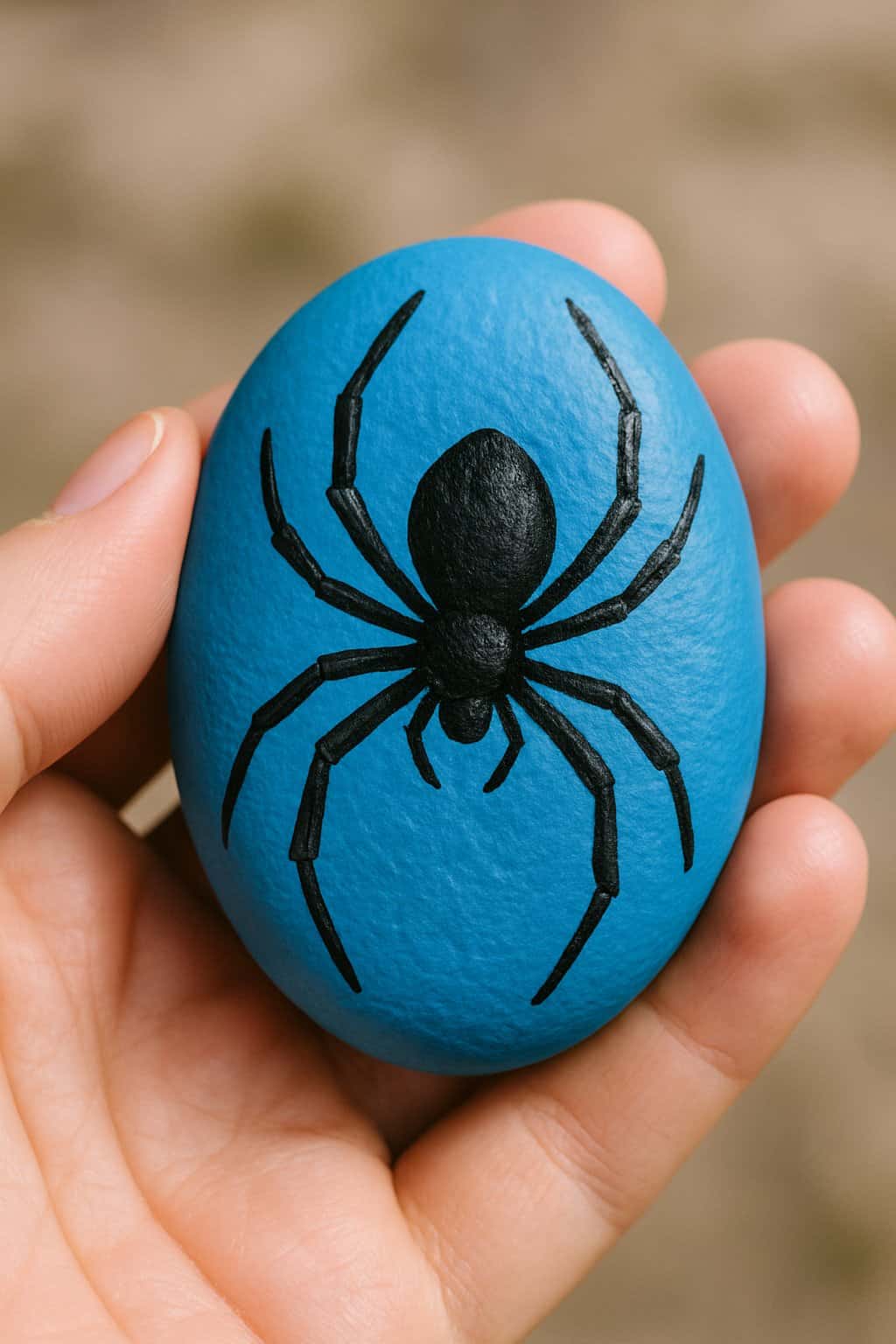 A hand holding a smooth bright blue rock painted with a black spider design.
