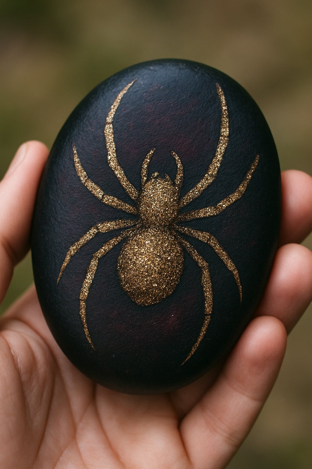 A hand holding a smooth painted rock featuring a glittery spider on a dark background.