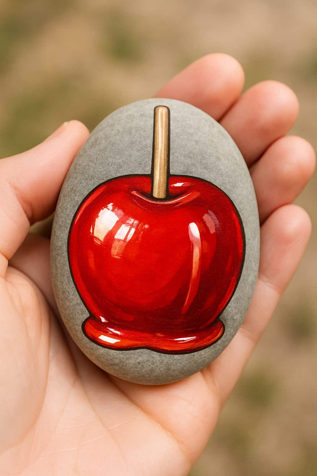 A hand holding a smooth river rock painted with a candy apple design.