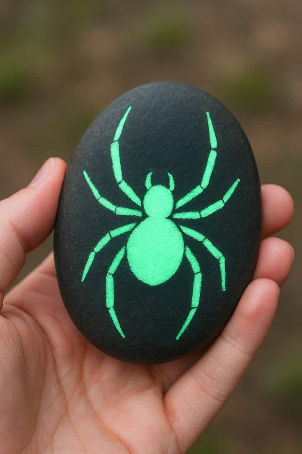 A hand holding a smooth river rock painted with a spider design.