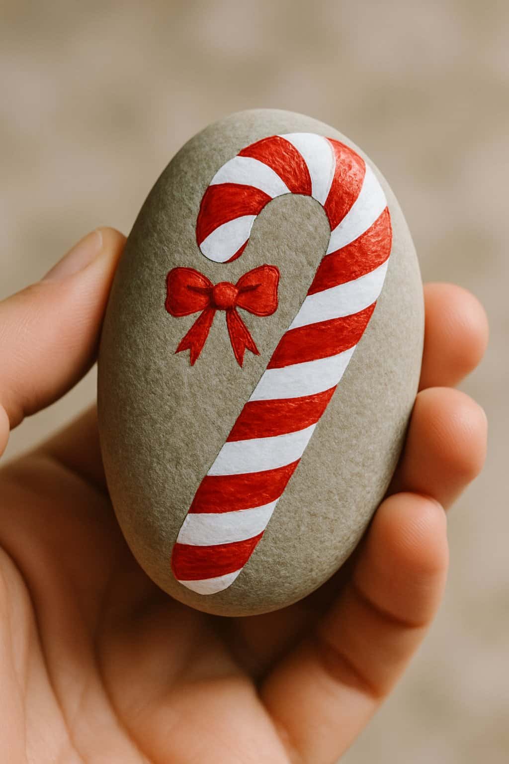 A hand holding a smooth river rock painted like a candy cane with red and white stripes and a small red bow.