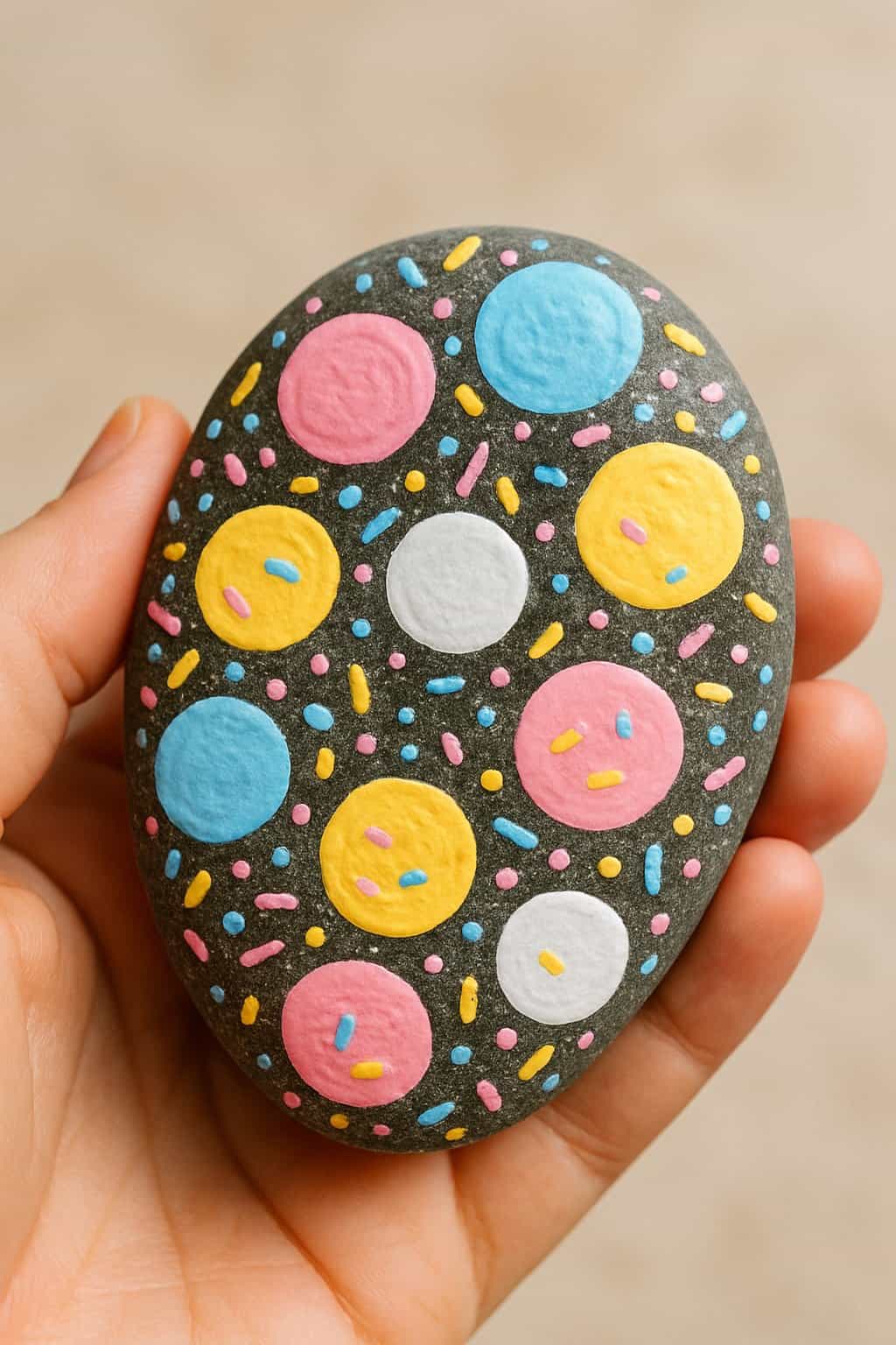 A hand holding a smooth painted river rock decorated with colorful dot patterns.