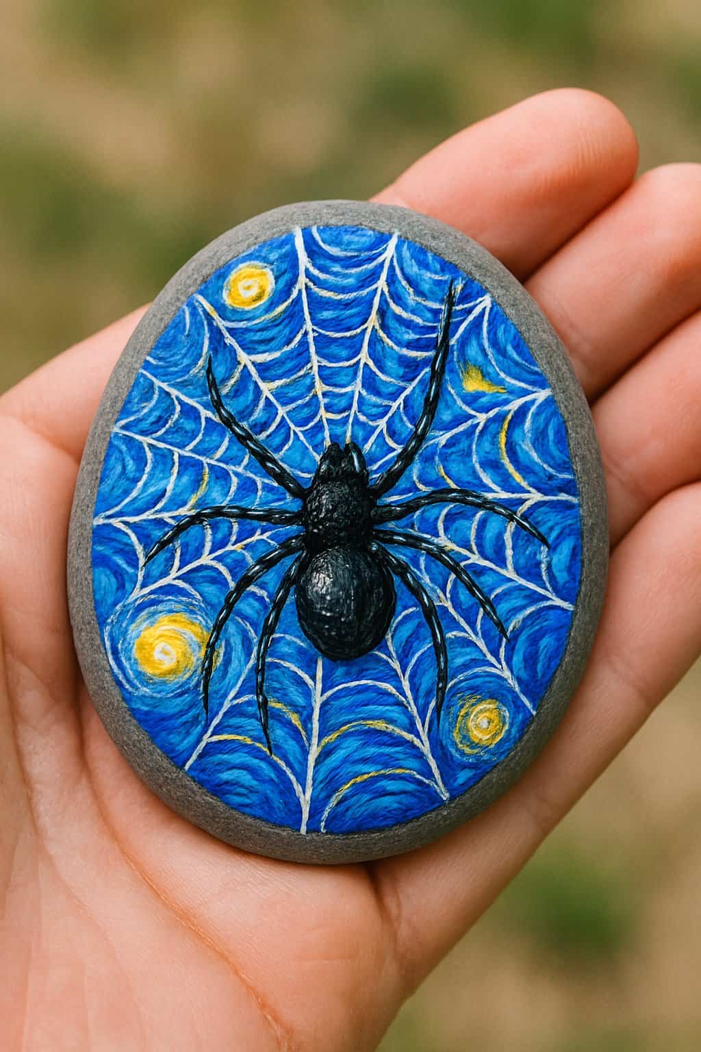 A hand holding a smooth river rock painted with a spider and a starry night-inspired web design.