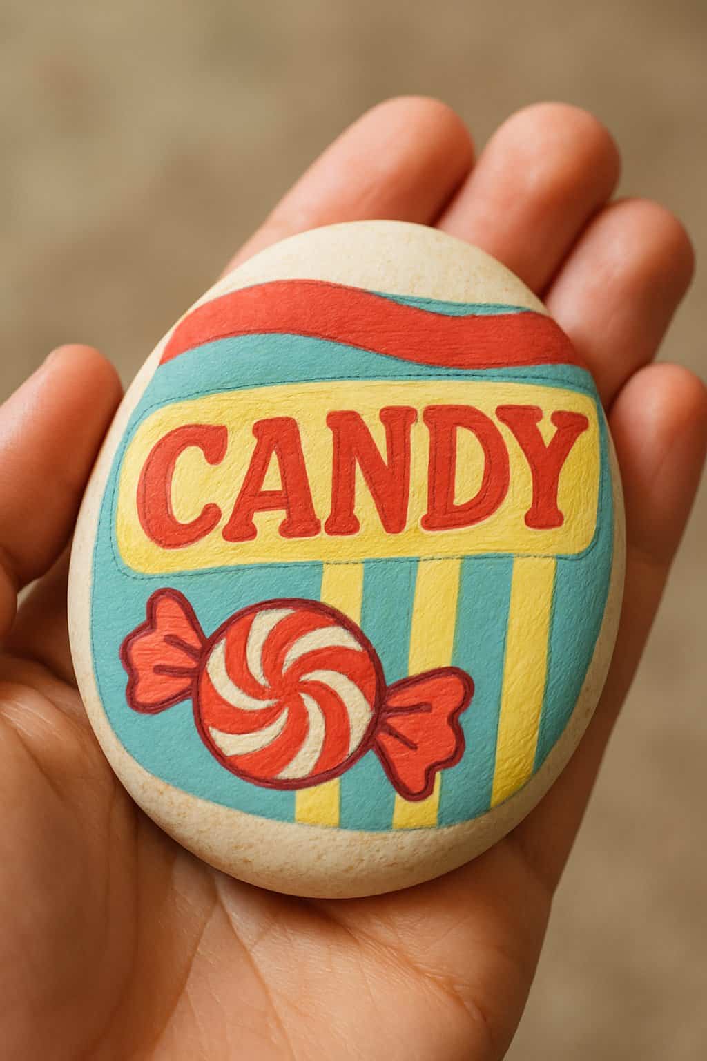 A hand holding a smooth painted rock with a colorful candy-inspired design.