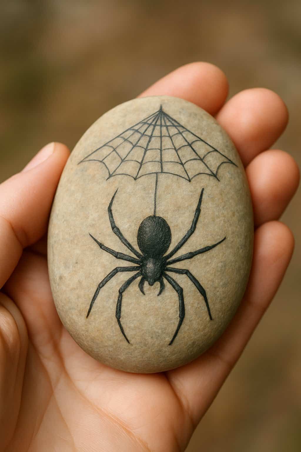 A hand holding a smooth river rock painted with a spider and spider web design.