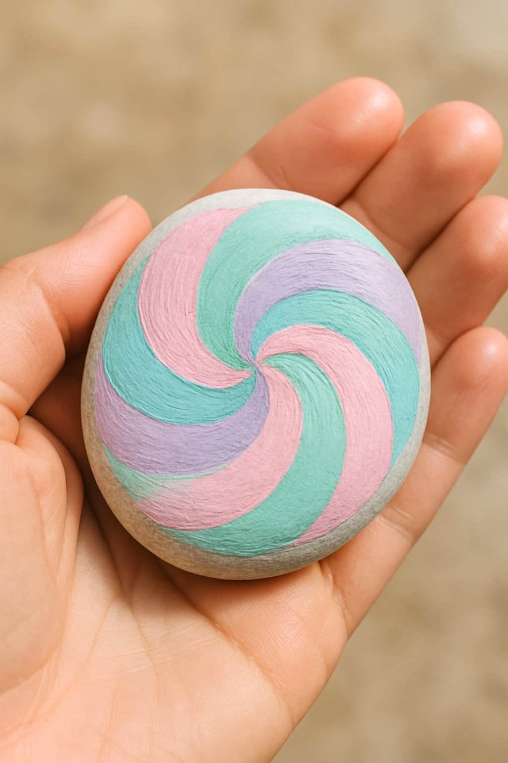 A hand holding a smooth river rock painted with pastel-colored candy swirl patterns.