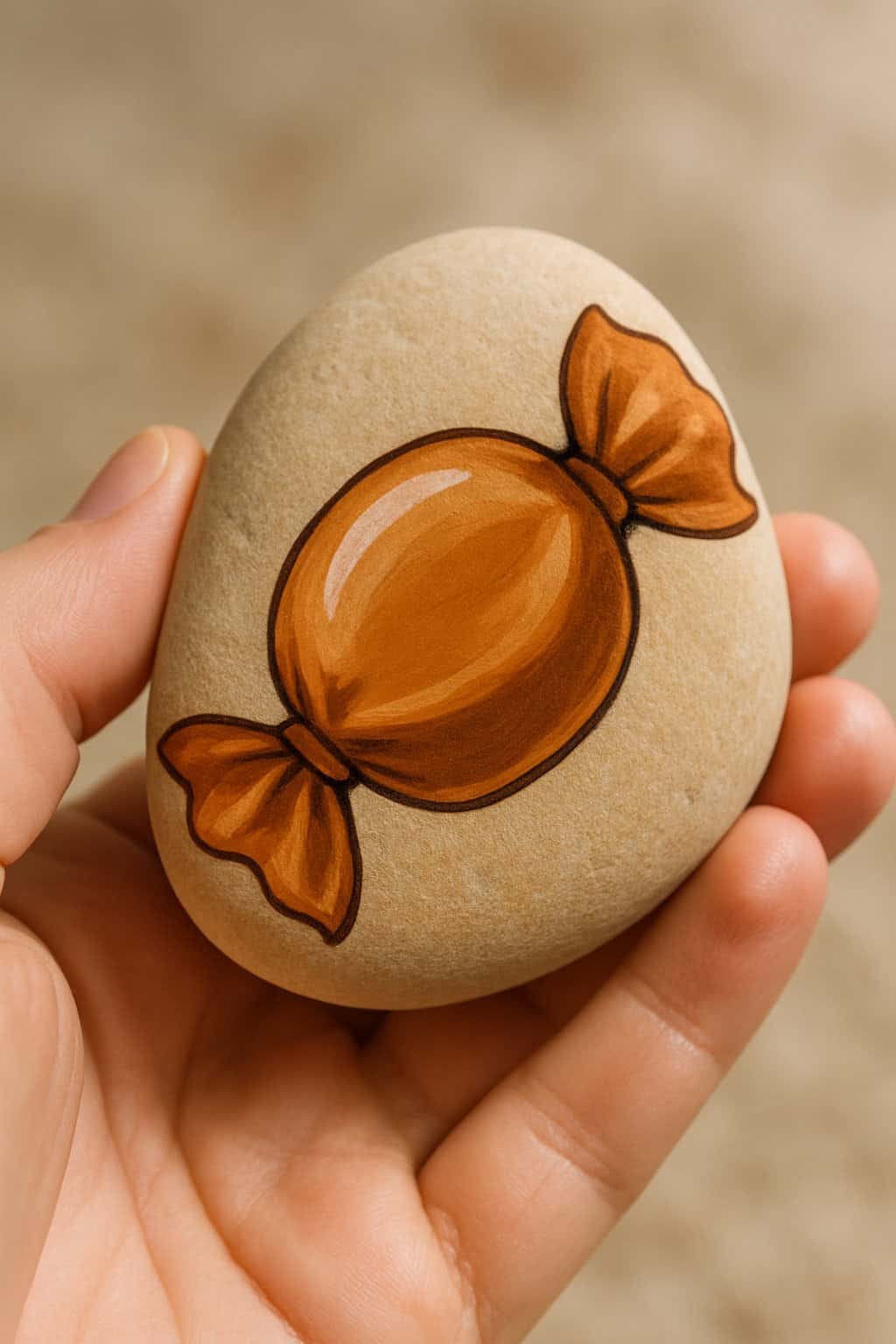 A hand holding a smooth river rock painted to look like a piece of toffee candy.