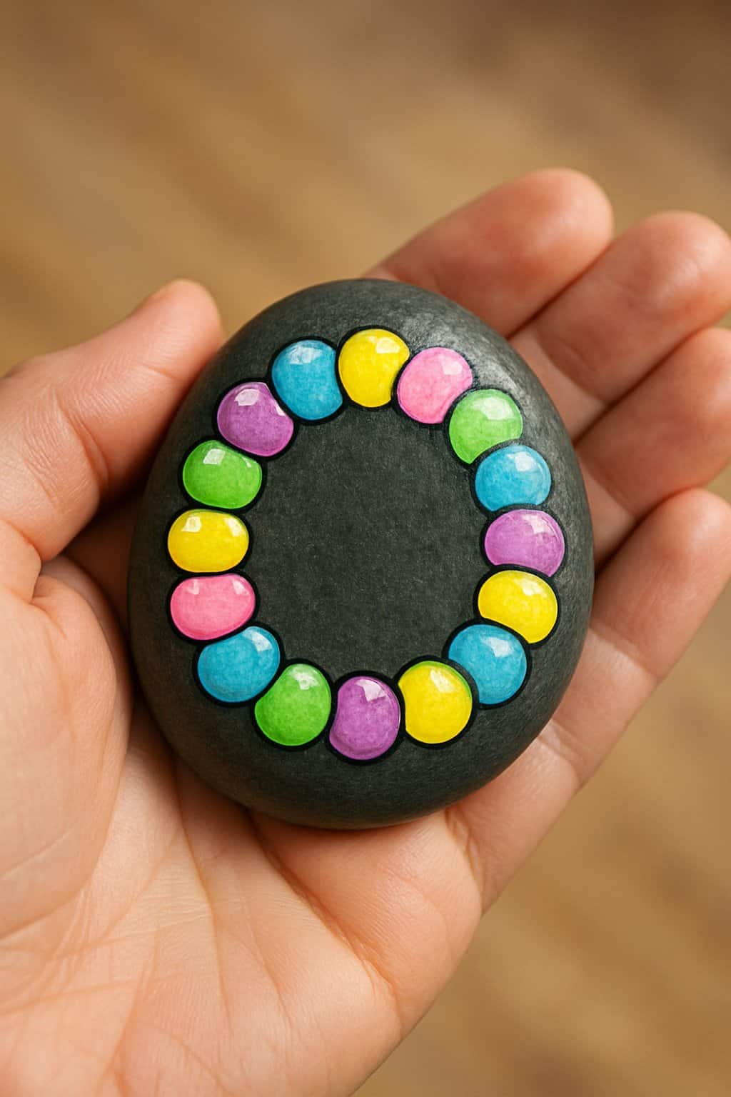 A hand holding a smooth painted rock decorated with colorful round shapes resembling candy beads.