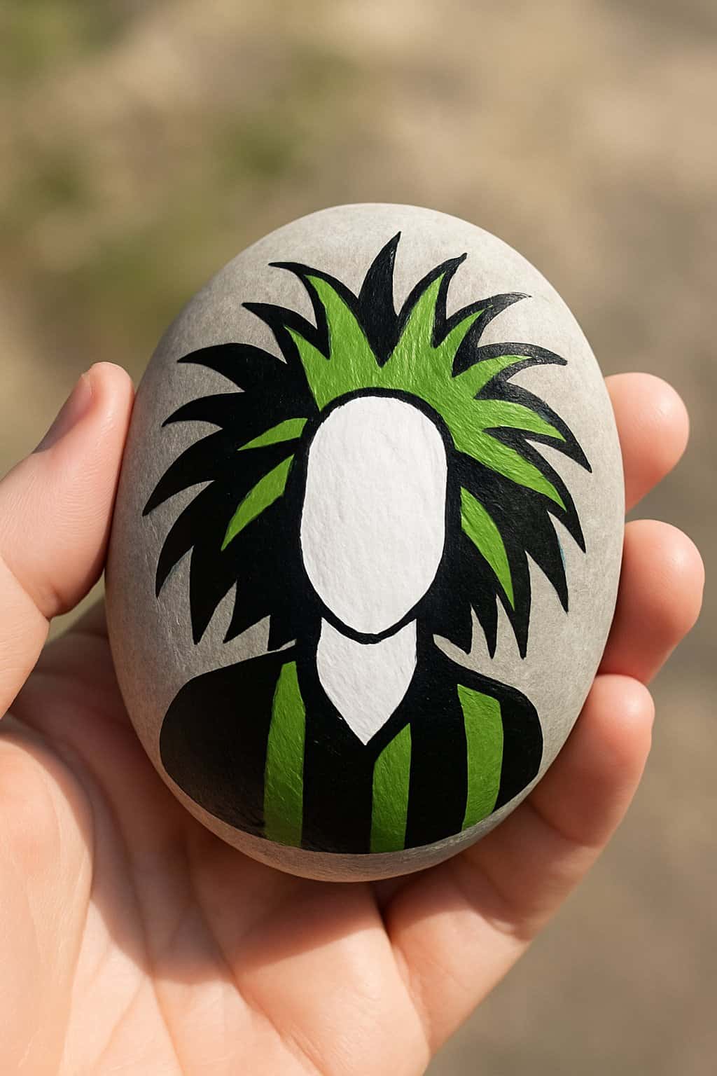 A hand holding a smooth river rock painted with a design inspired by Beetlejuice’s wild hair.