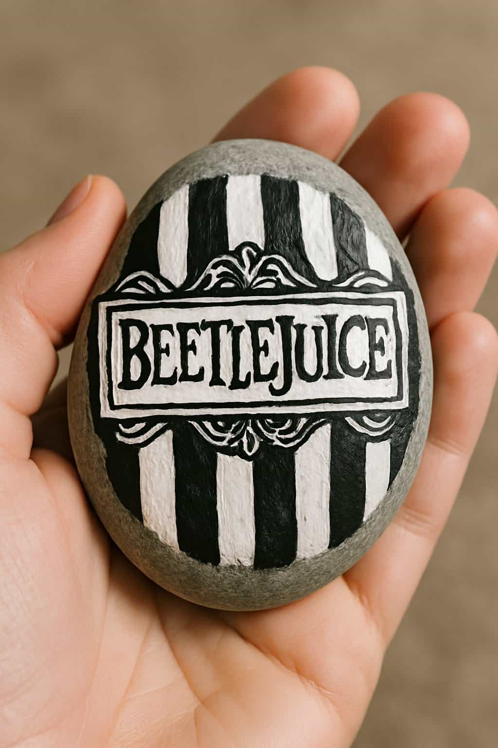 A hand holding a smooth river rock painted with a black and white Beetlejuice logo.