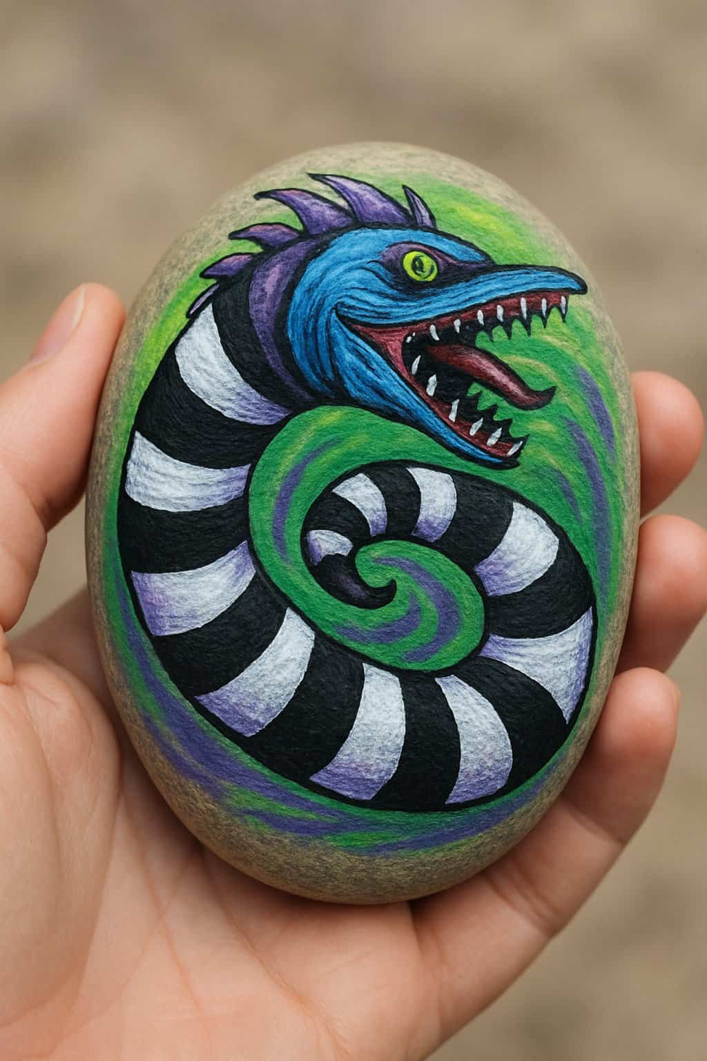 A hand holding a smooth river rock painted with a colorful coiling sandworm design.