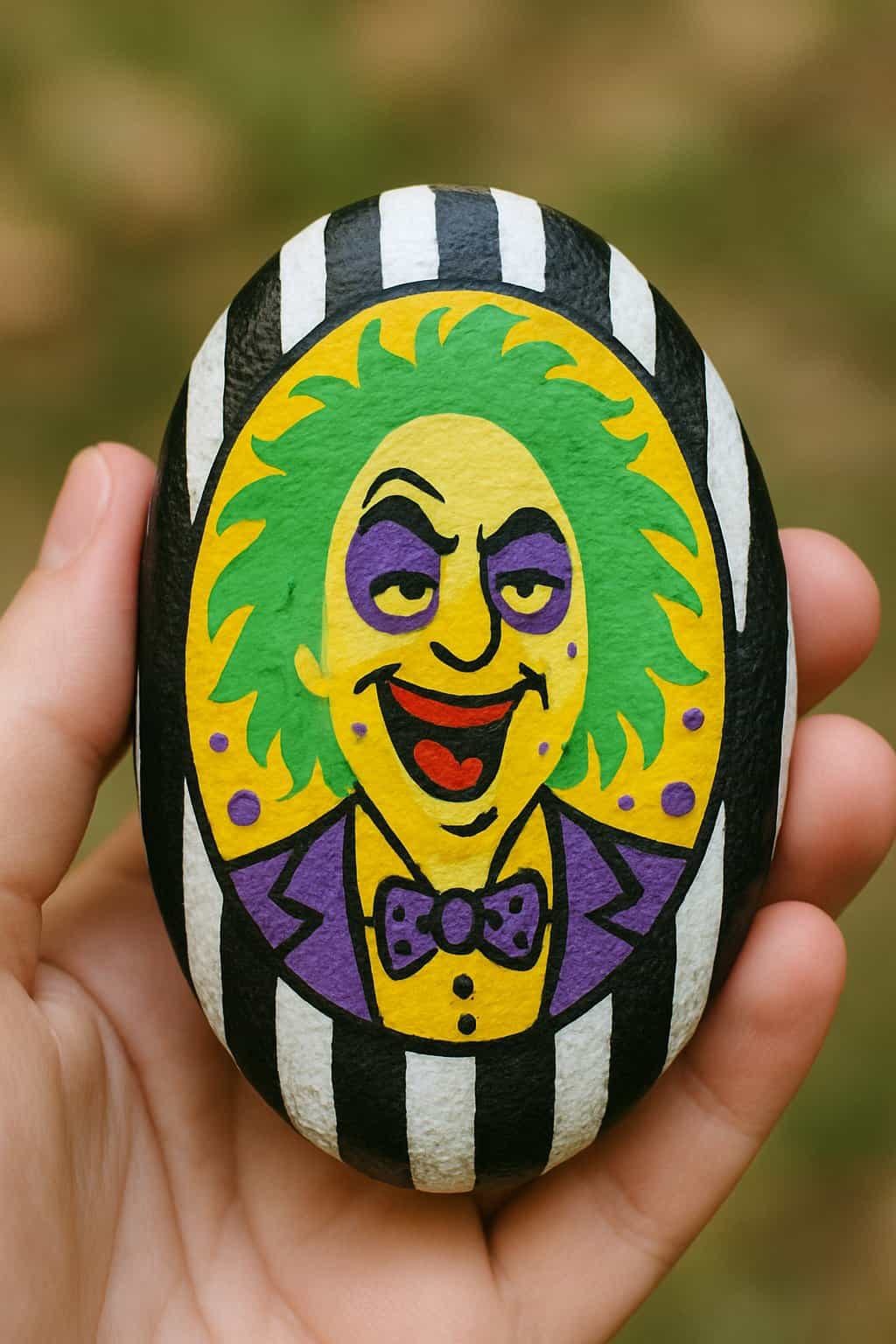 A hand holding a smooth painted river rock with colorful designs.