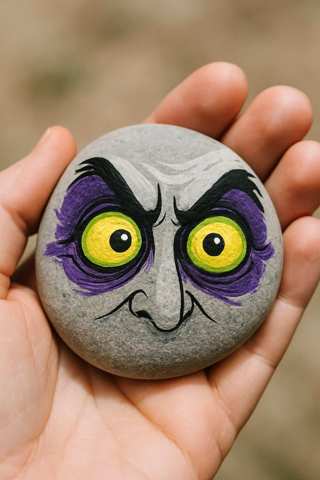 A hand holding a smooth river rock painted with a pair of mischievous eyes.