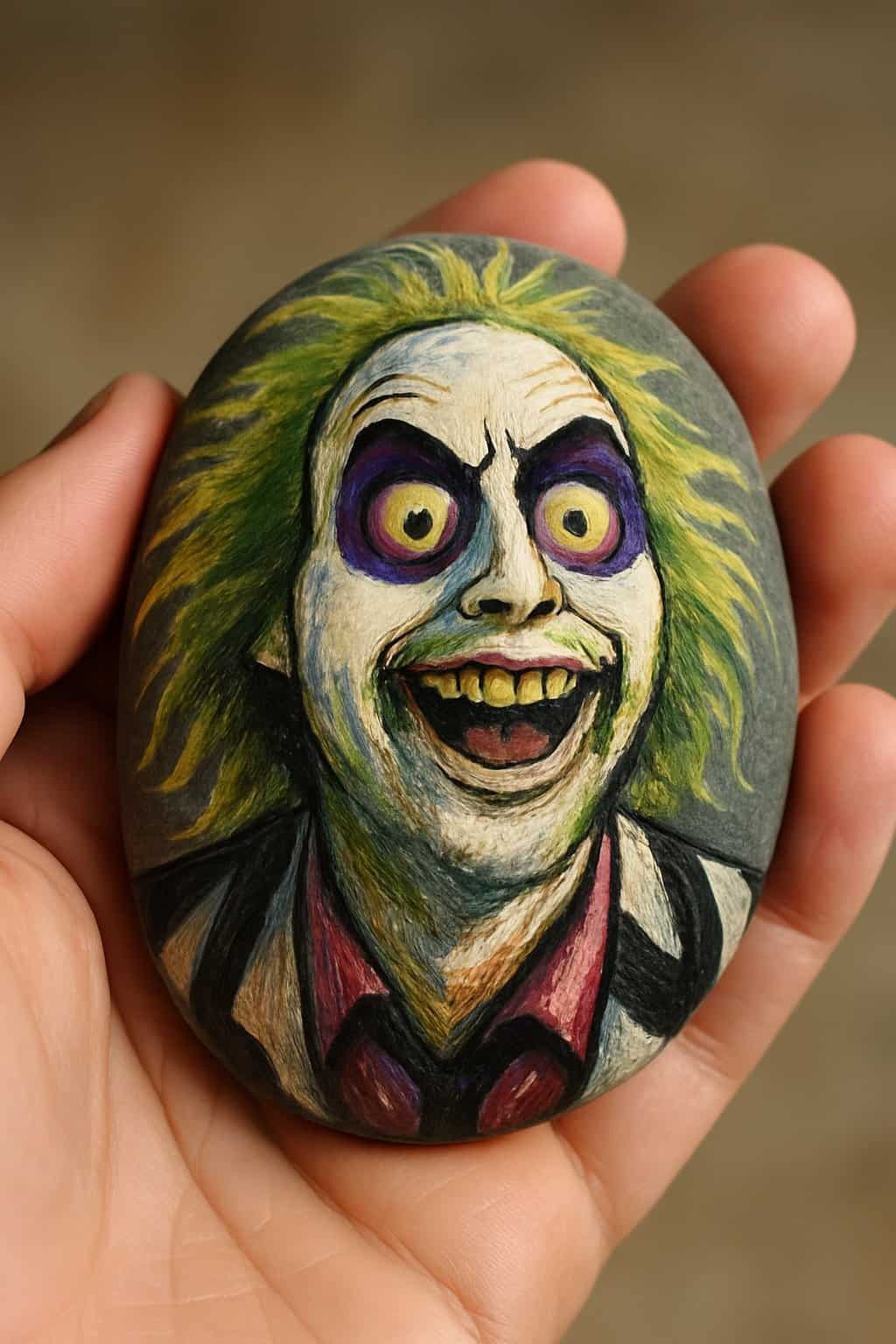 A hand holding a smooth painted rock with a colorful, expressive face design.