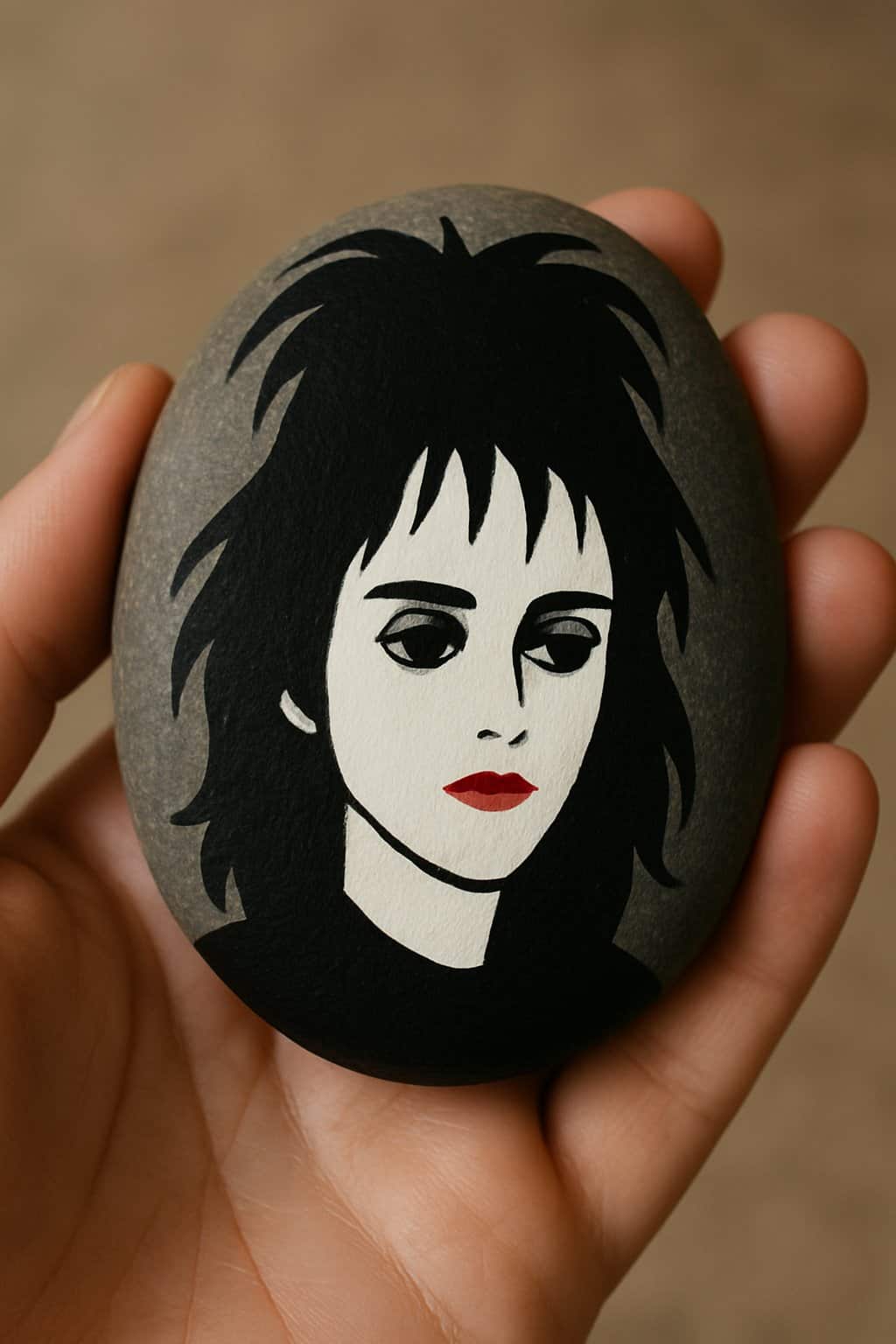 A hand holding a smooth river rock painted with a pale face and red lips.
