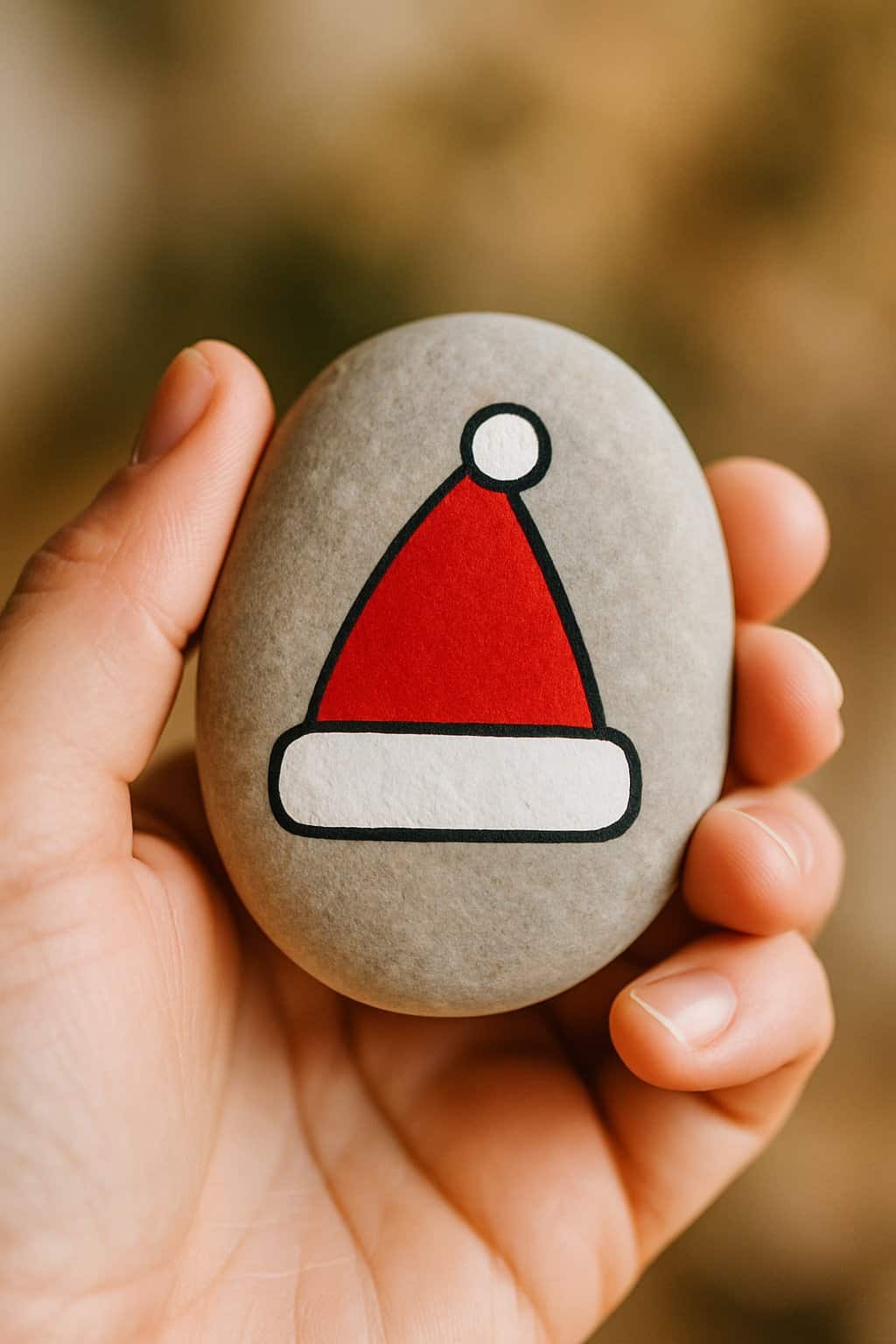 A hand holding a smooth river rock painted with a Christmas design.
