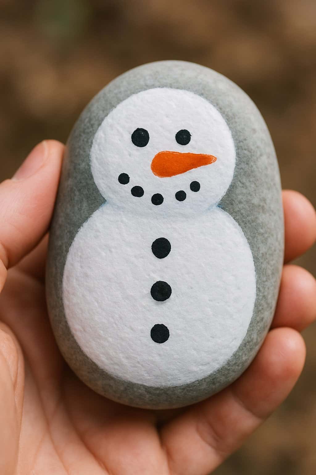 A hand holding a smooth river rock painted with a snowman design, including a carrot nose and coal buttons.