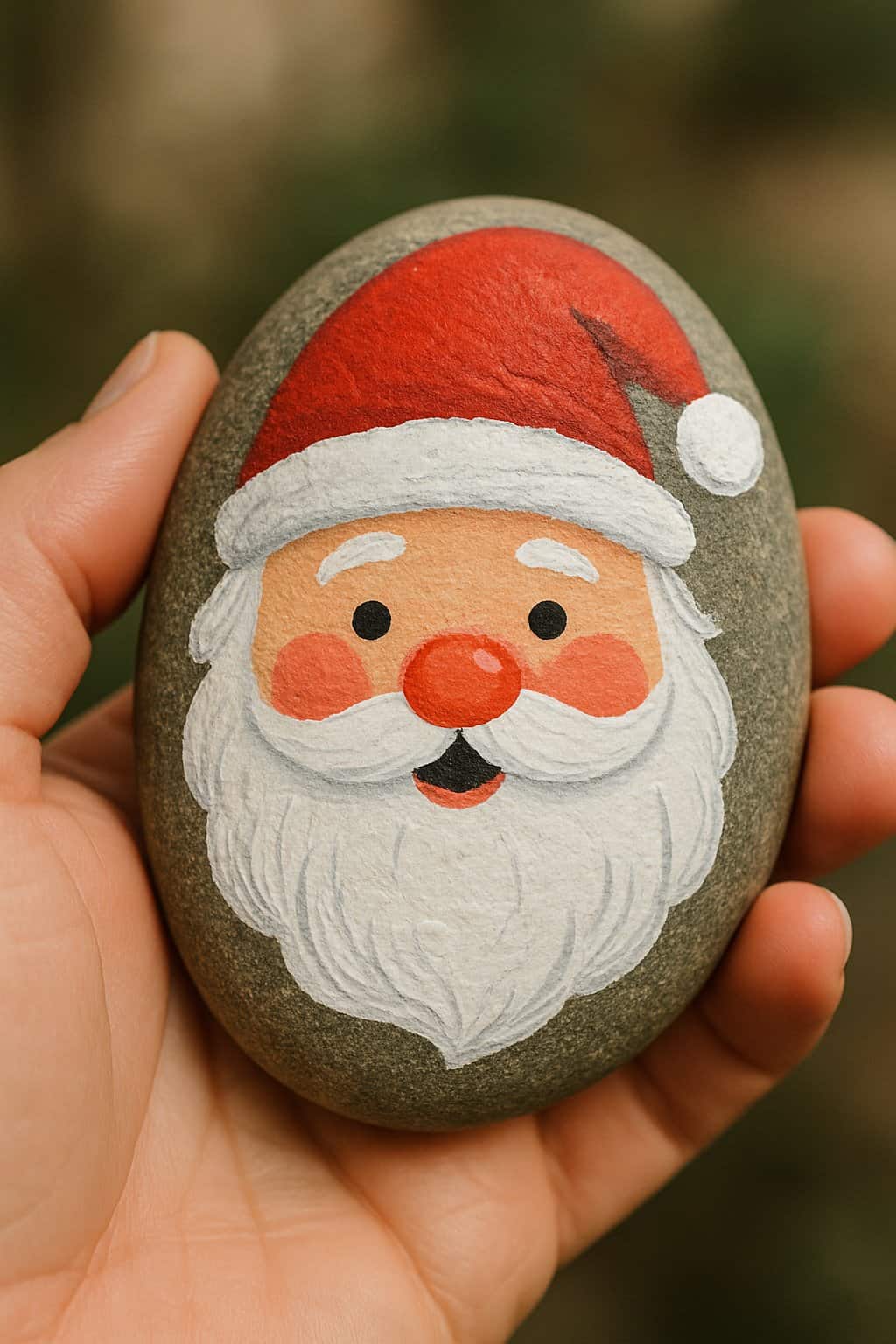 A hand holding a smooth river rock painted with a Santa Claus face featuring rosy cheeks and a white beard.