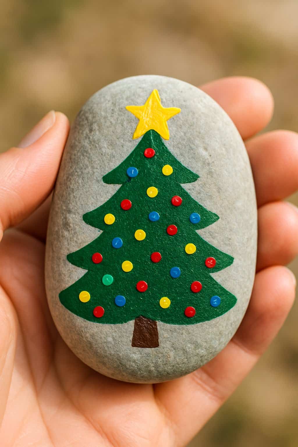 A hand holding a smooth rock painted with a colorful Christmas tree and star on top.