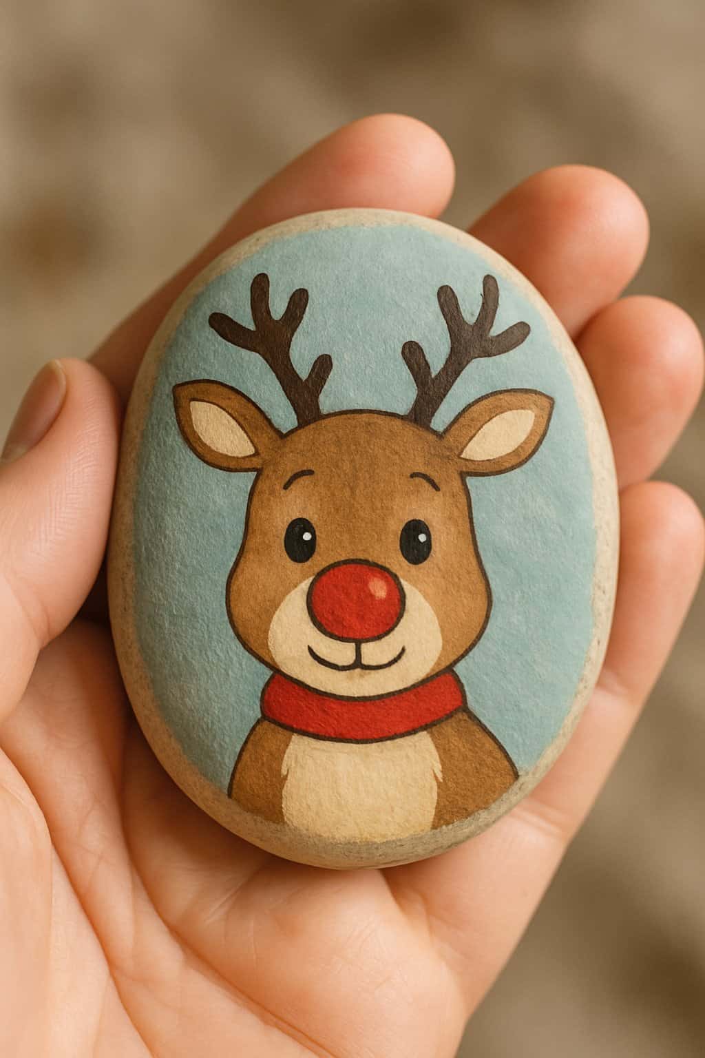 Hand holding a smooth river rock painted with a red-nosed reindeer.
