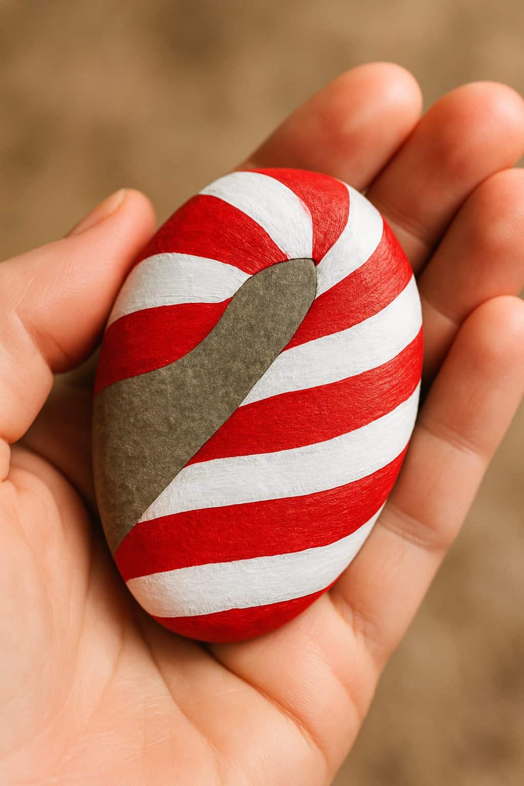 A hand holding a smooth river rock painted with red and white candy cane stripes.