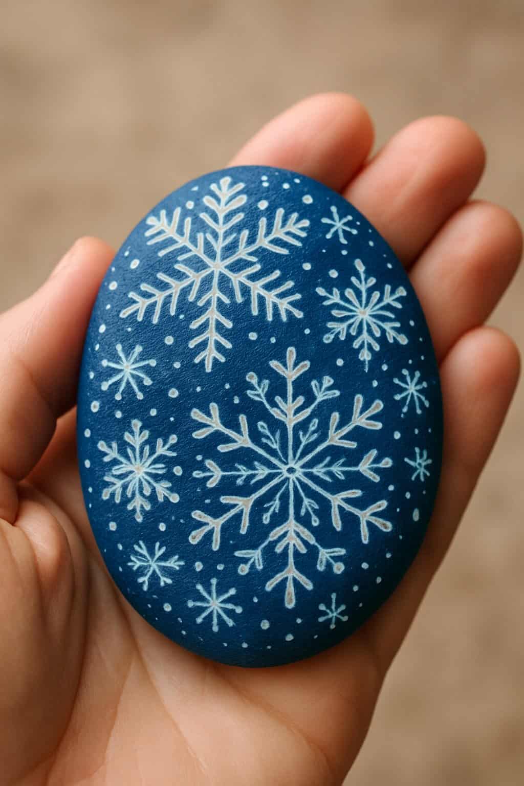 A hand holding a smooth river rock painted with blue and white snowflake patterns.