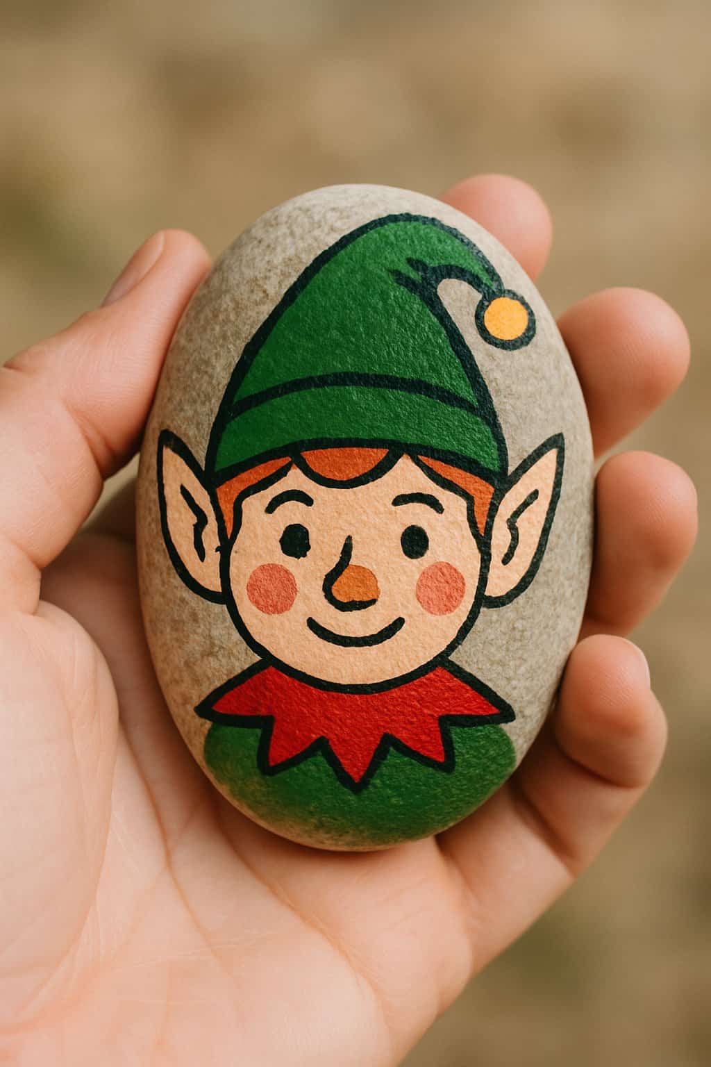 A hand holding a smooth river rock painted with an elf face wearing a green hat and pointy ears.