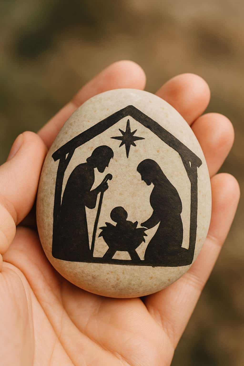 A hand holding a smooth river rock painted with a nativity scene silhouette.