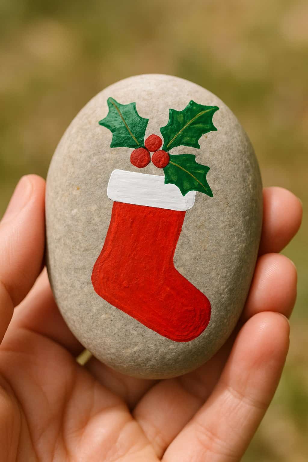 A hand holding a smooth river rock painted with a Christmas stocking and holly design.