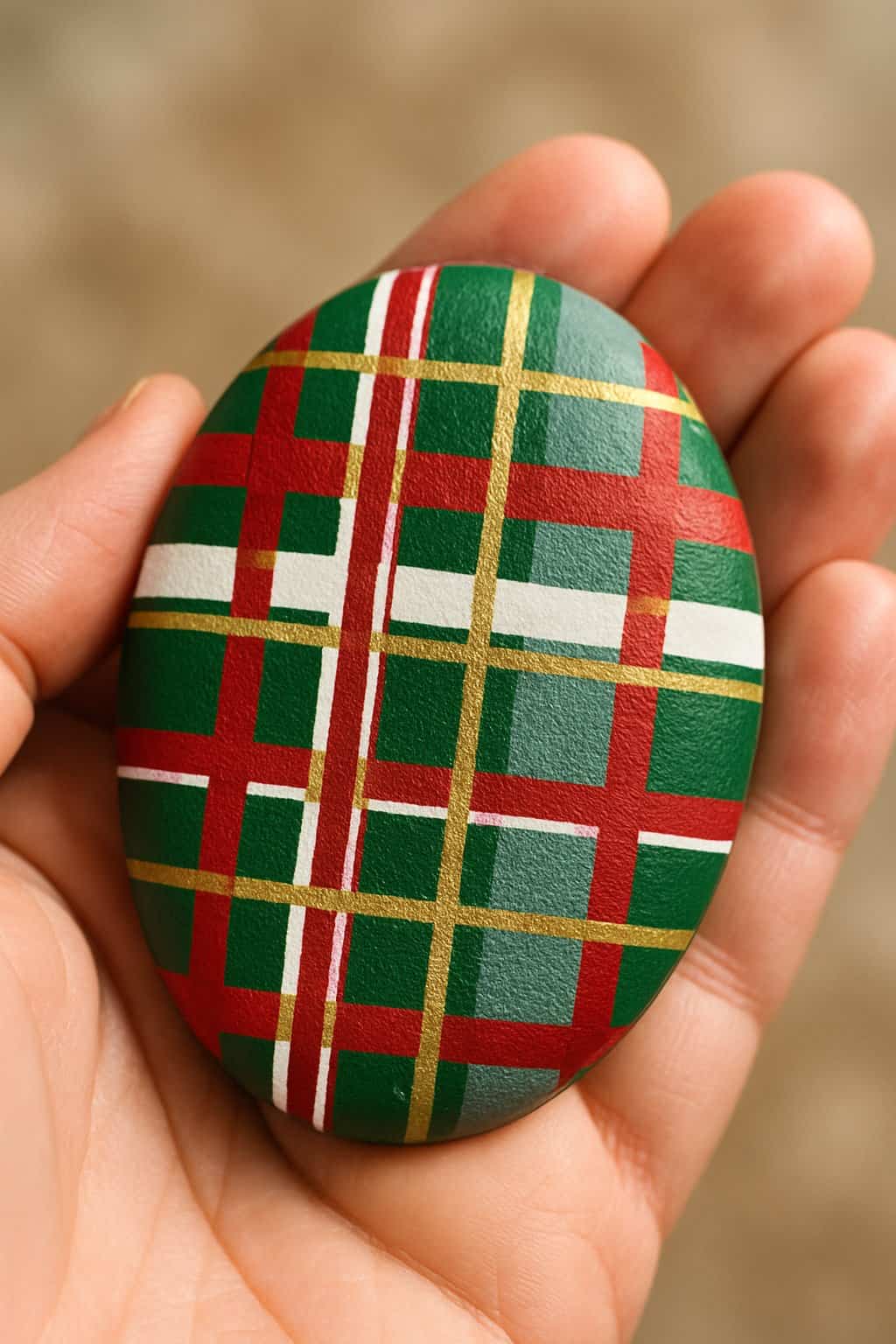A hand holding a smooth painted rock with a red and green plaid pattern.