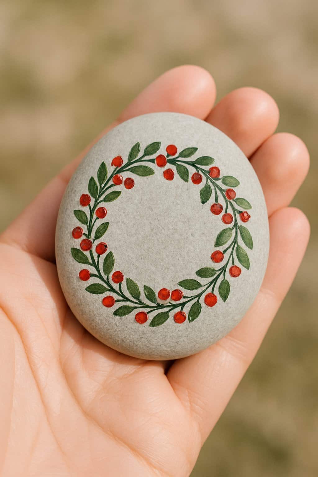 A hand holding a smooth river rock painted with a wreath of tiny red berries and green leaves.