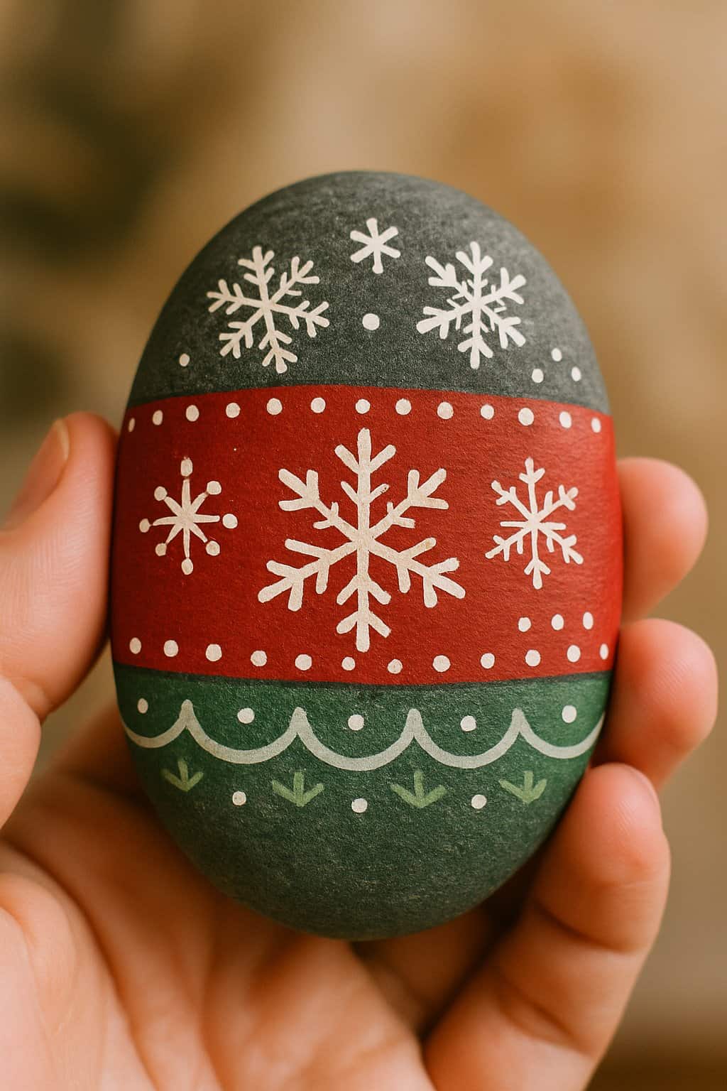 A hand holding a smooth painted rock with a holiday-themed design featuring snowflakes.