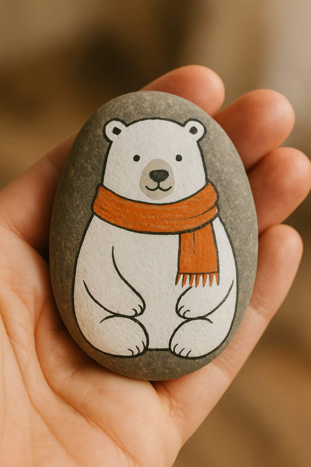 A hand holding a smooth river rock painted with a polar bear wearing a scarf.