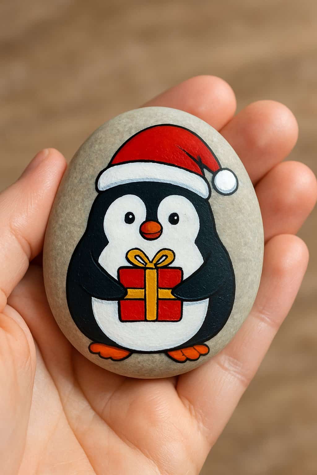 A hand holding a smooth river rock painted with a penguin holding a tiny gift.