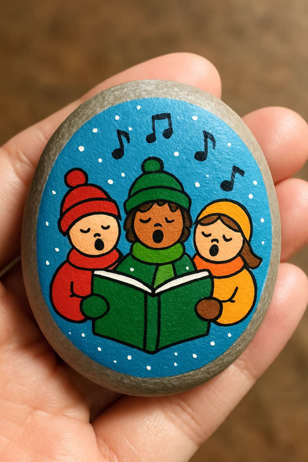 A hand holding a smooth river rock painted with a design of carolers singing and musical notes.
