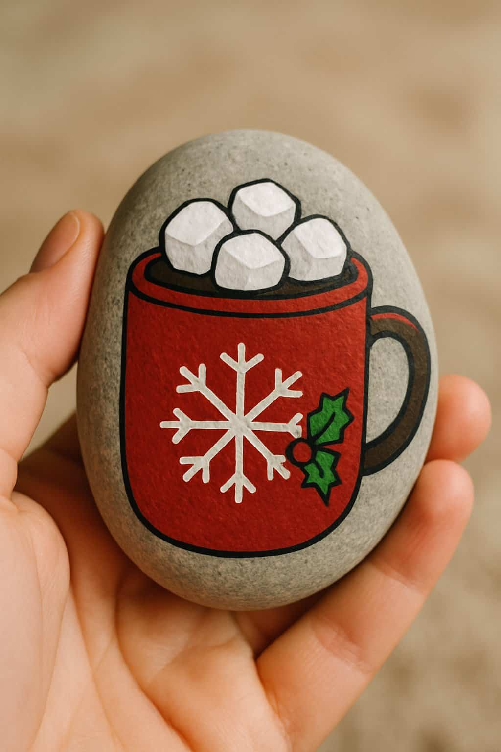 A hand holding a smooth river rock painted with a hot cocoa mug and marshmallows design.
