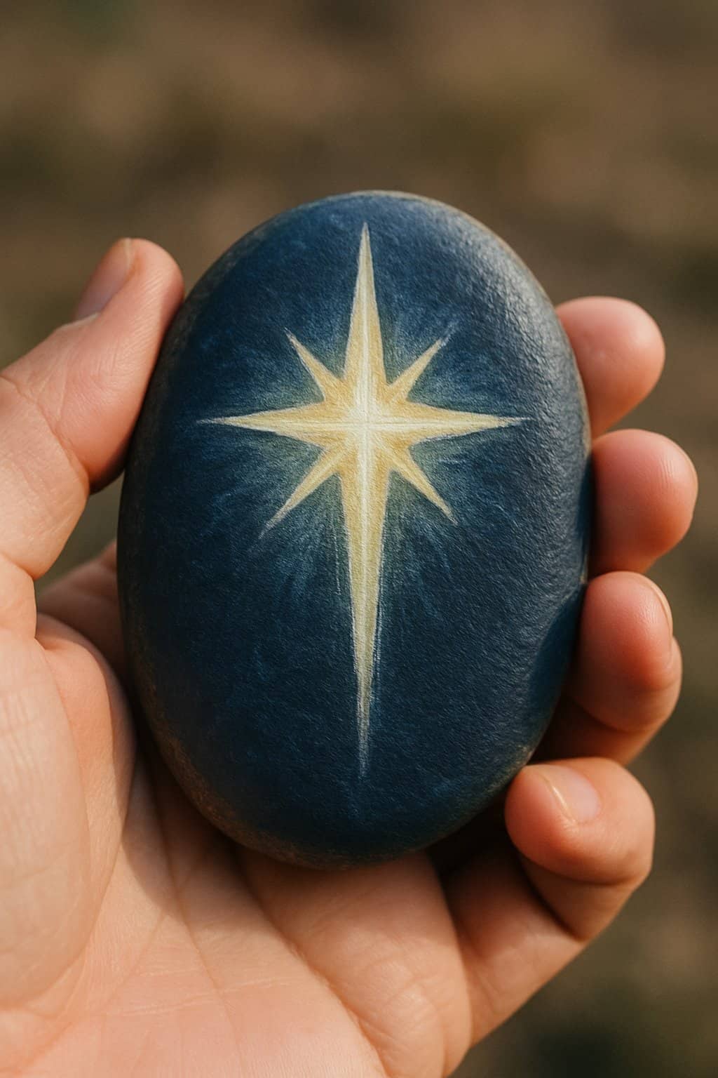 A hand holding a smooth river rock painted with a bright star design.