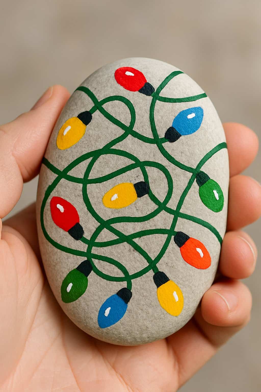 A hand holding a smooth river rock painted with colorful Christmas light loops.