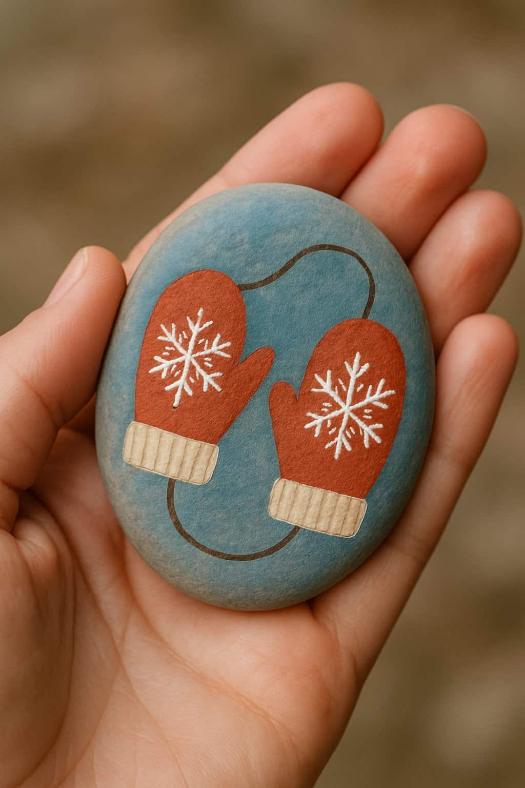 A hand holding a smooth river rock painted with a pair of mittens and snowflake designs.