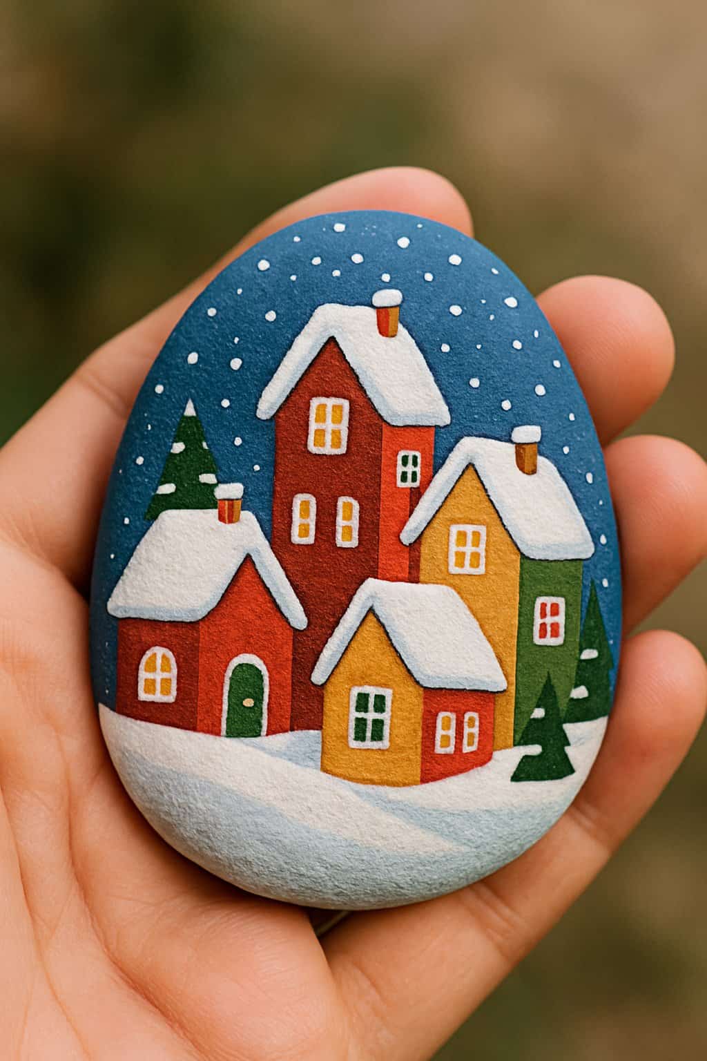 A hand holding a smooth painted rock with a Christmas village house and snowy roofs design.