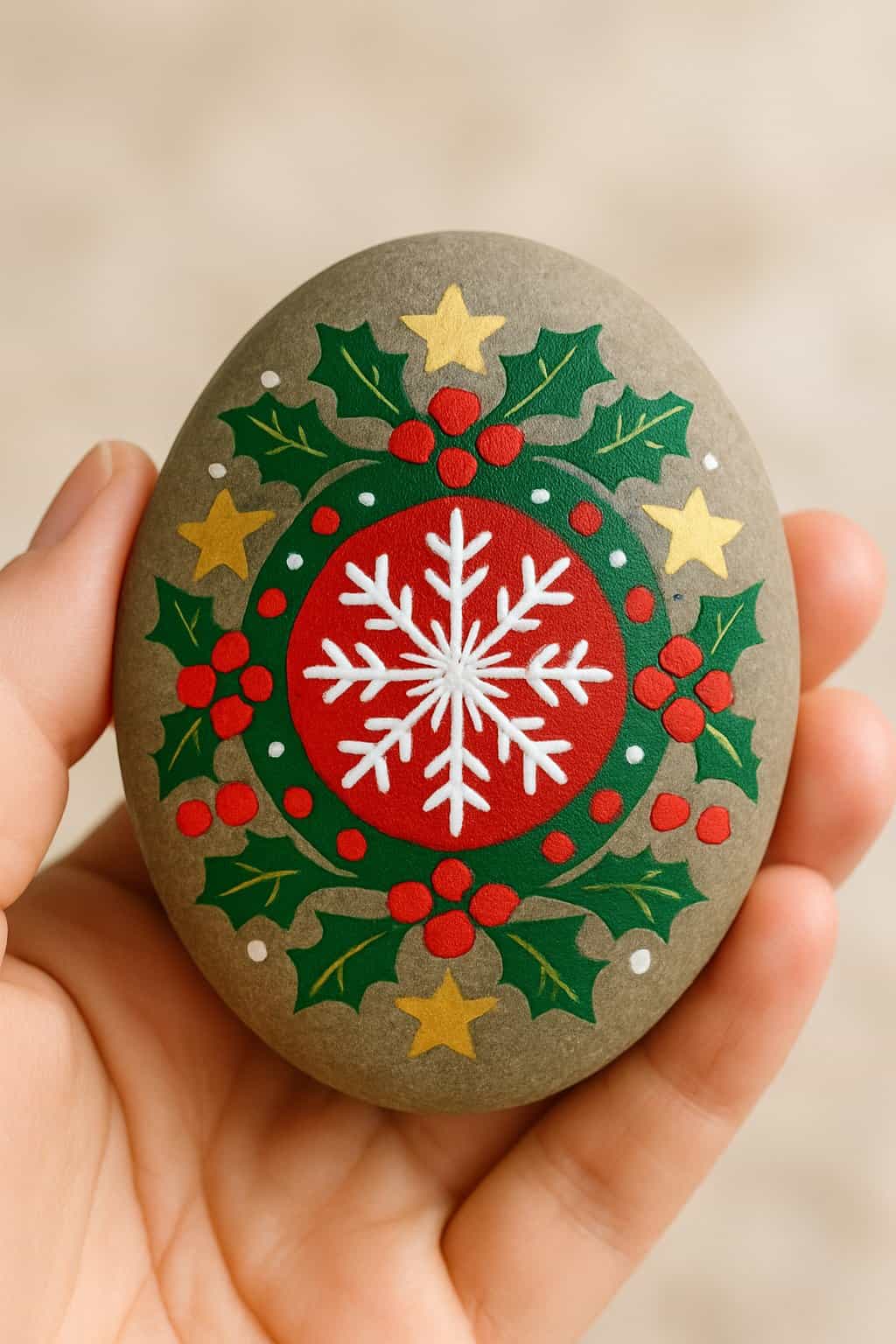 A hand holding a smooth river rock painted with a colorful holiday mandala design.