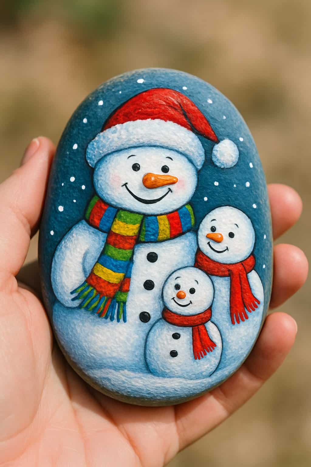 A hand holding a smooth painted rock with a snowman family design.