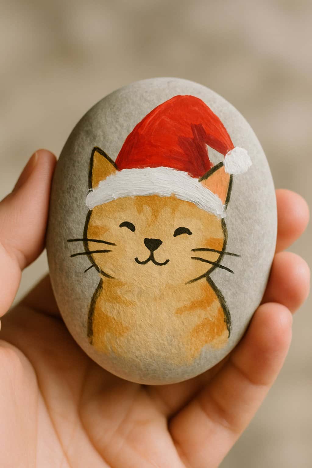 A hand holding a smooth river rock painted with a Christmas kitty wearing a Santa hat.