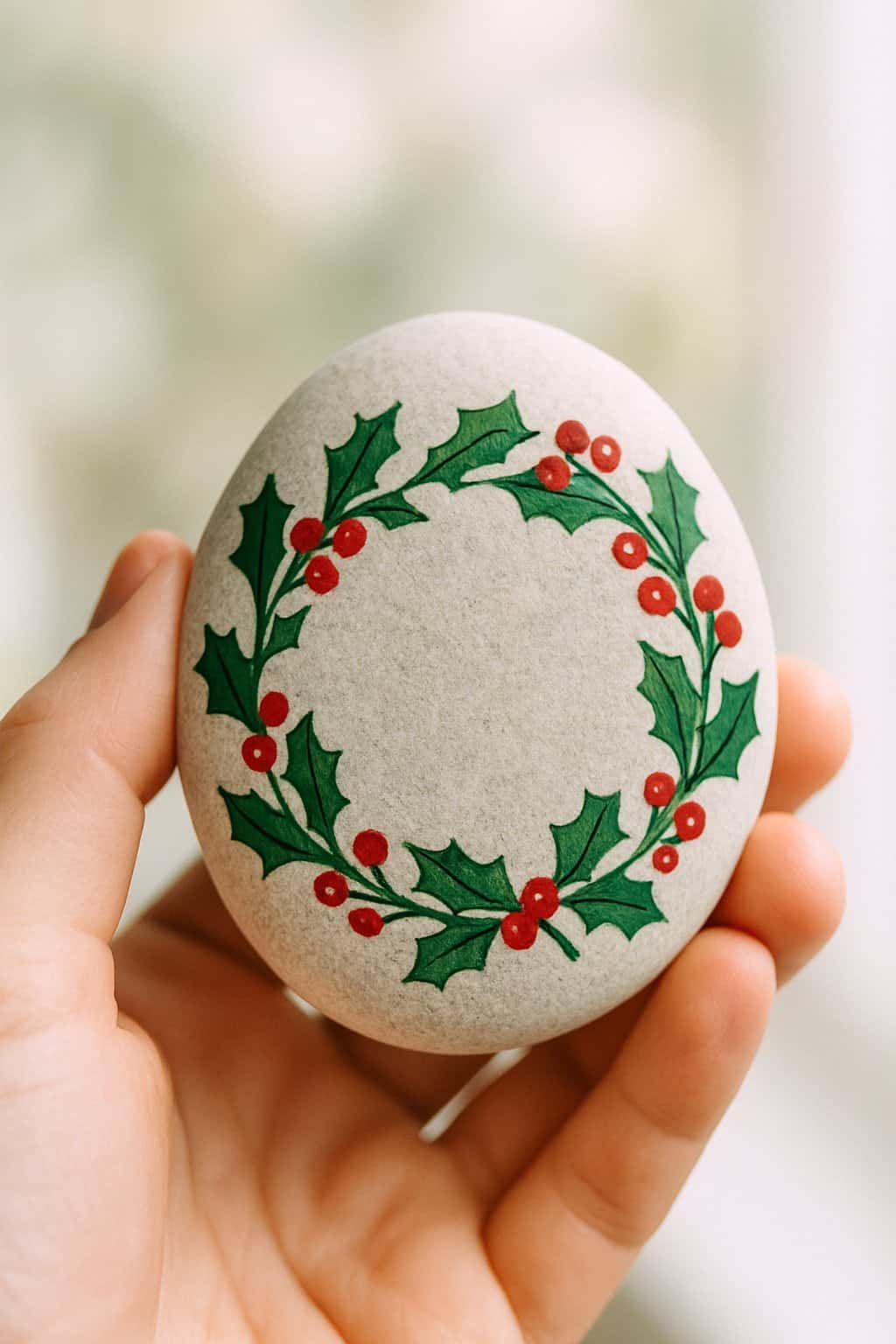 A hand holding a smooth painted river rock decorated with a holly garland design.