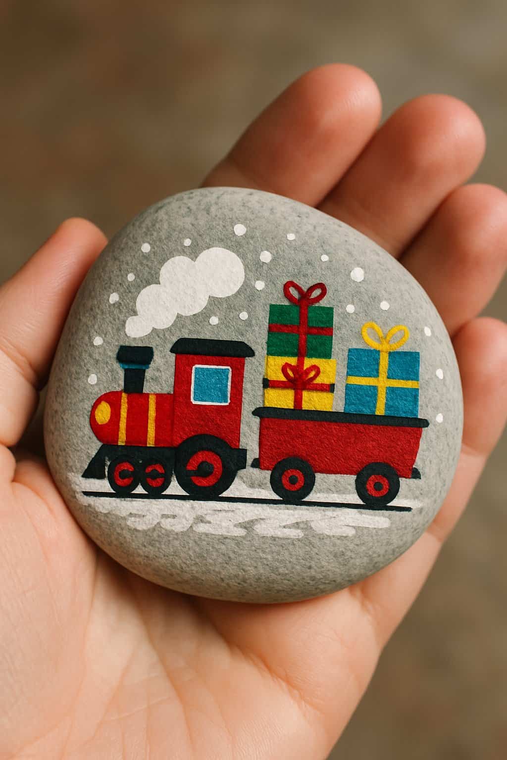 A hand holding a smooth river rock painted with a Christmas train and gifts.
