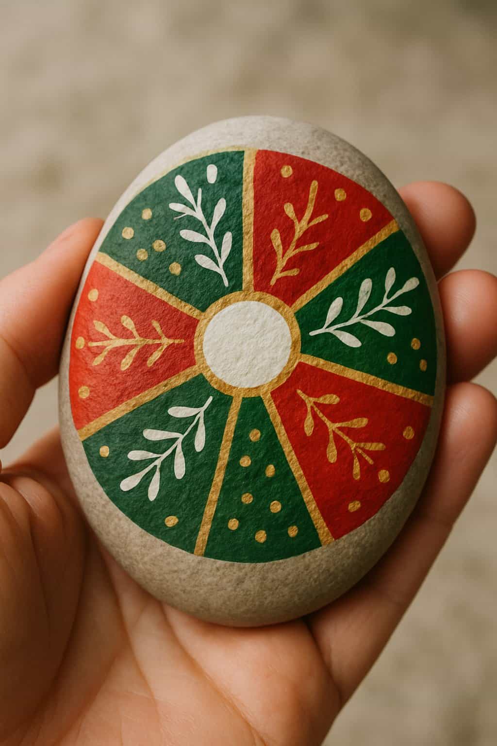 A hand holding a smooth river rock painted with a Christmas tree skirt pattern.