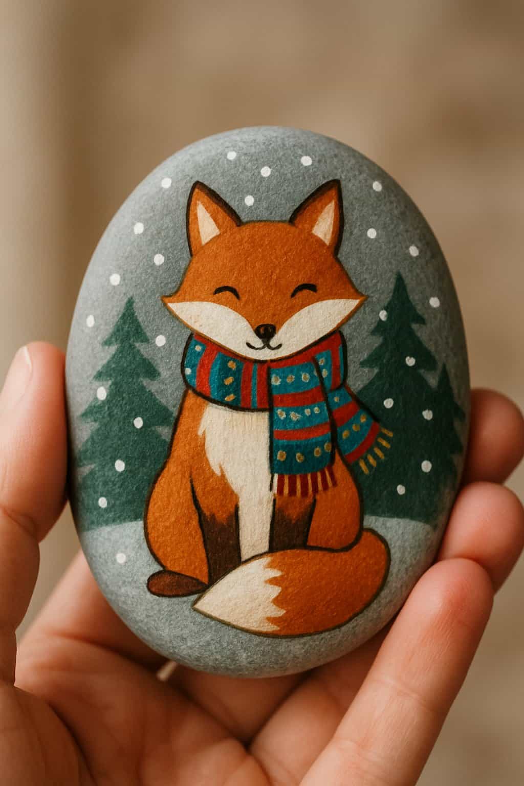 A hand holding a smooth painted rock with a winter woodland animal wearing a scarf.