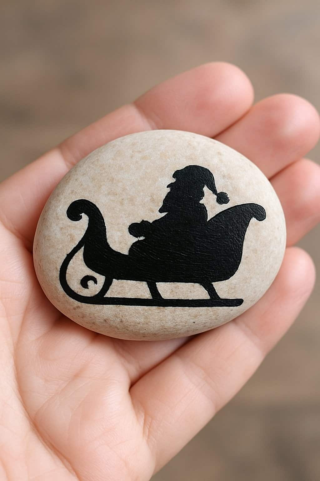 A hand holding a smooth river rock painted with a silhouette of Santa’s sleigh.